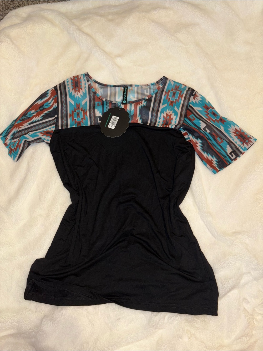 Black Short-Sleeve Tee with Turquoise Aztec Print Sleeves